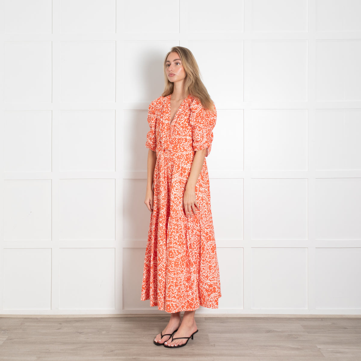 Me + Em Orange and White Gathered Front and Puff SHoulder Midi Dress