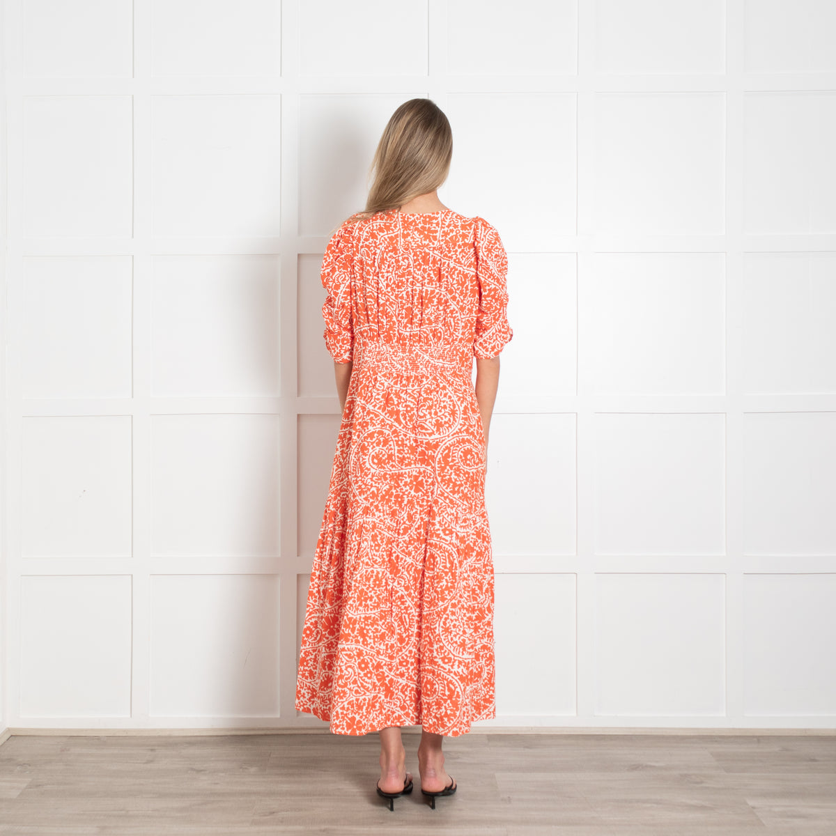 Me + Em Orange and White Gathered Front and Puff SHoulder Midi Dress