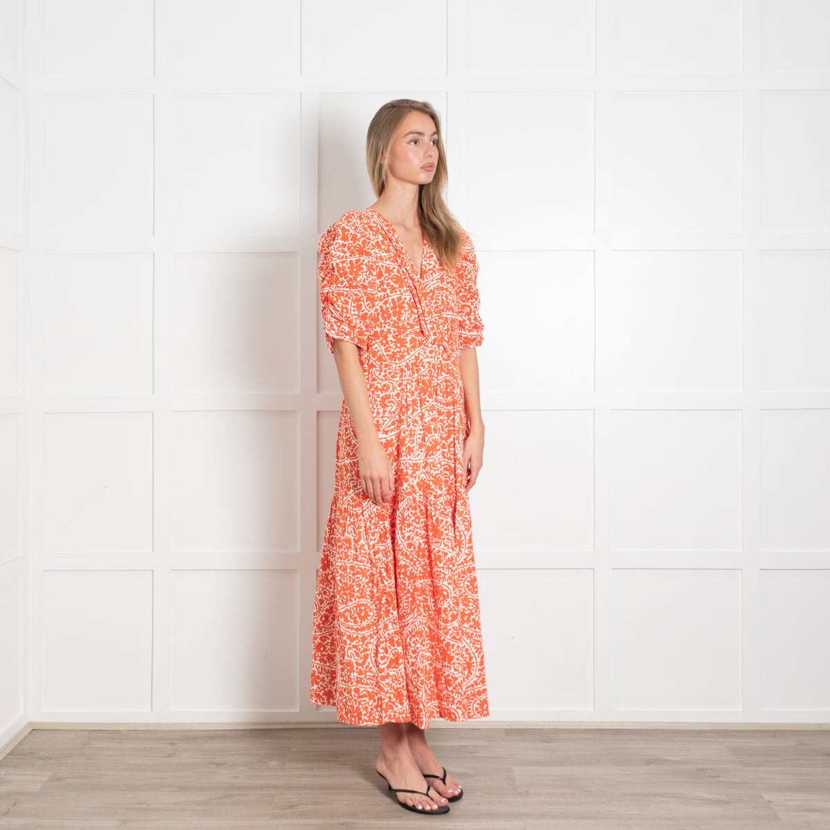 Me + Em Orange and White Gathered Front and Puff SHoulder Midi Dress