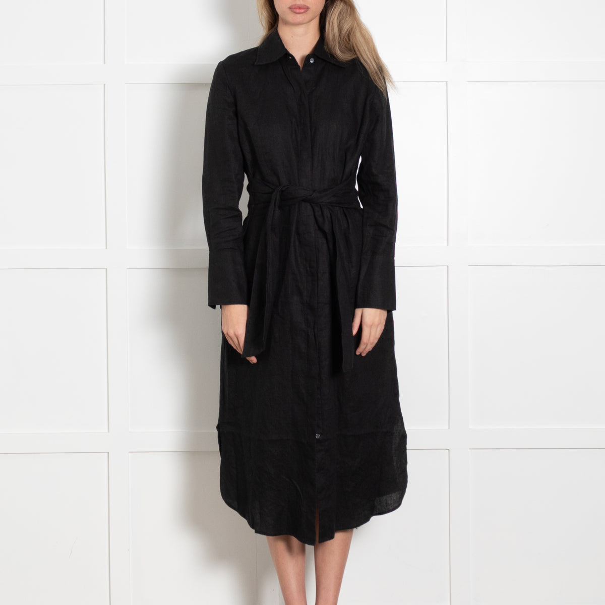 J.McLaughlin Black Linen Button Front & Tie Belt Dress
