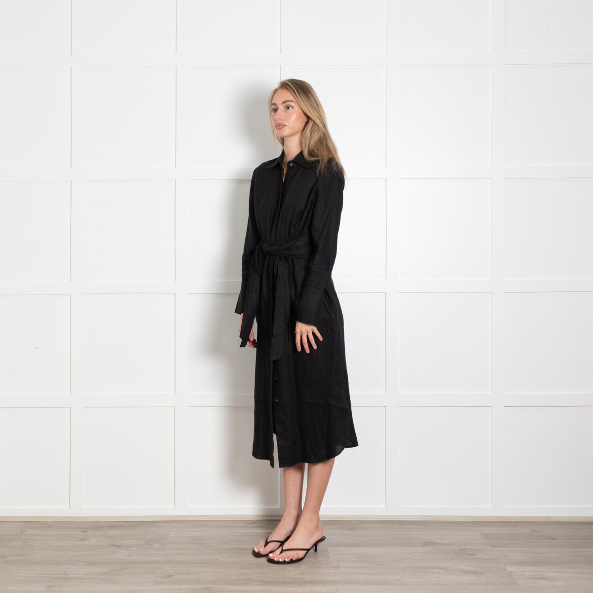 J.McLaughlin Black Linen Button Front & Tie Belt Dress