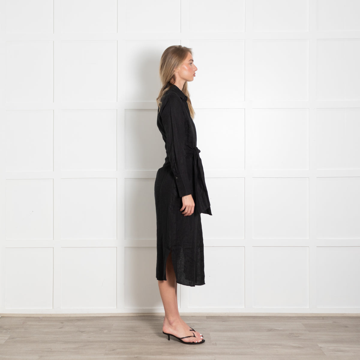 J.McLaughlin Black Linen Button Front & Tie Belt Dress