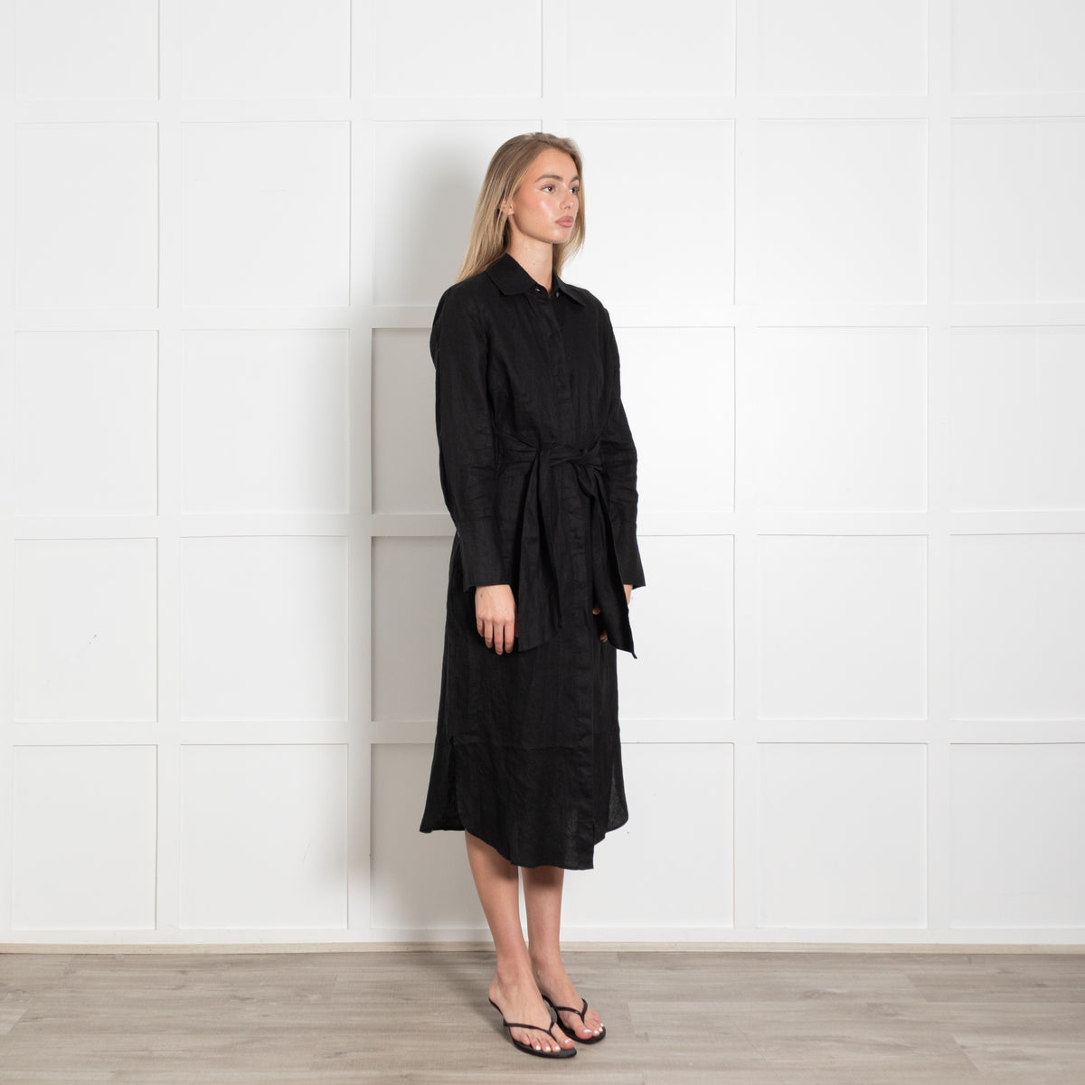J.McLaughlin Black Linen Button Front & Tie Belt Dress