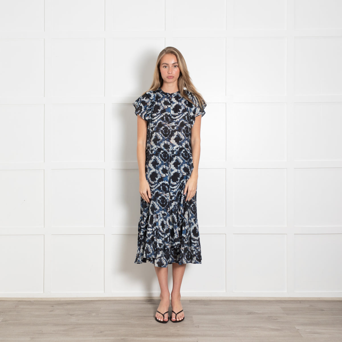 Munthe Black, Blue & White Patterned Cotton Dress With Front Frill & Hem