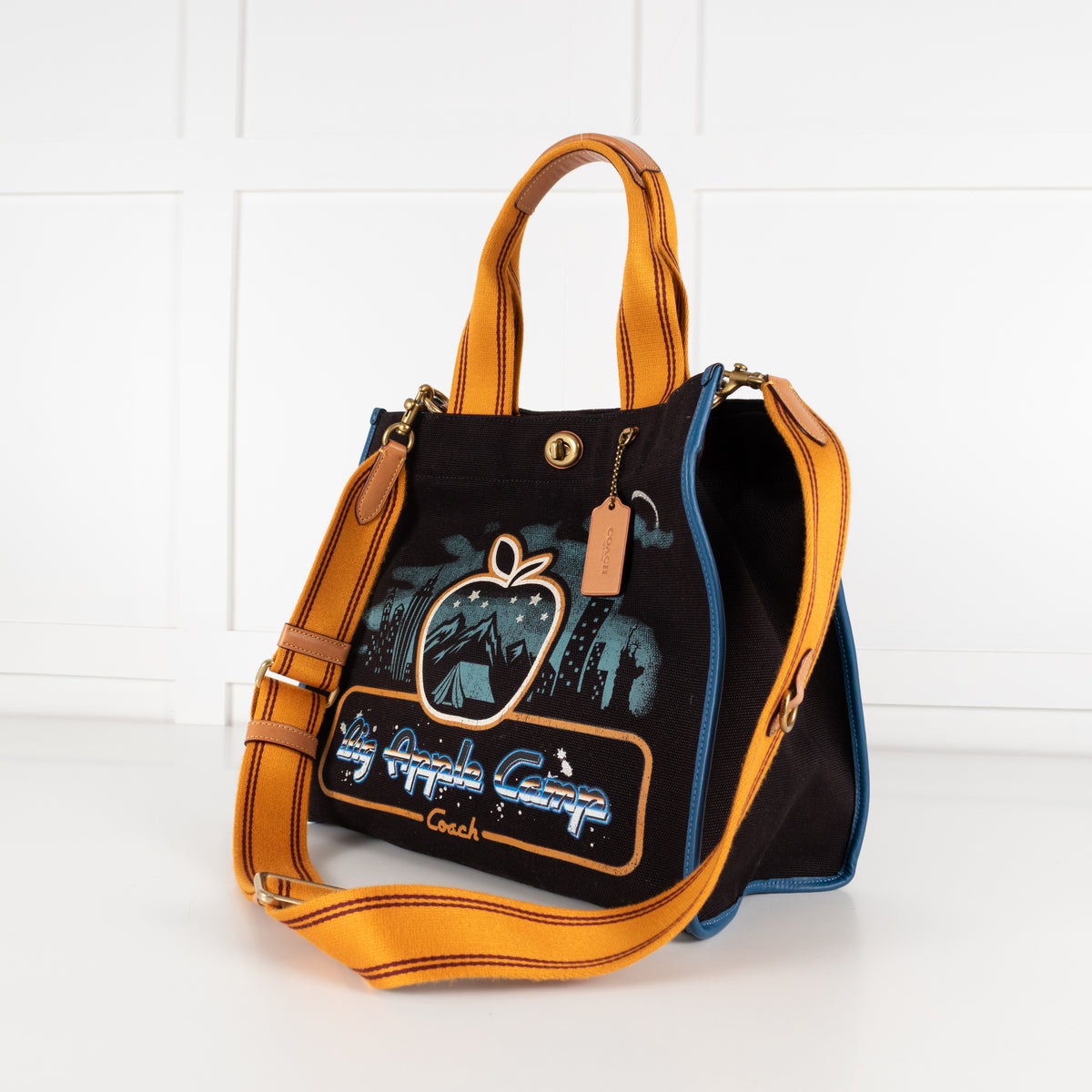 Coach Black Blue Big Apple Camp Print Canvas Tote Bag