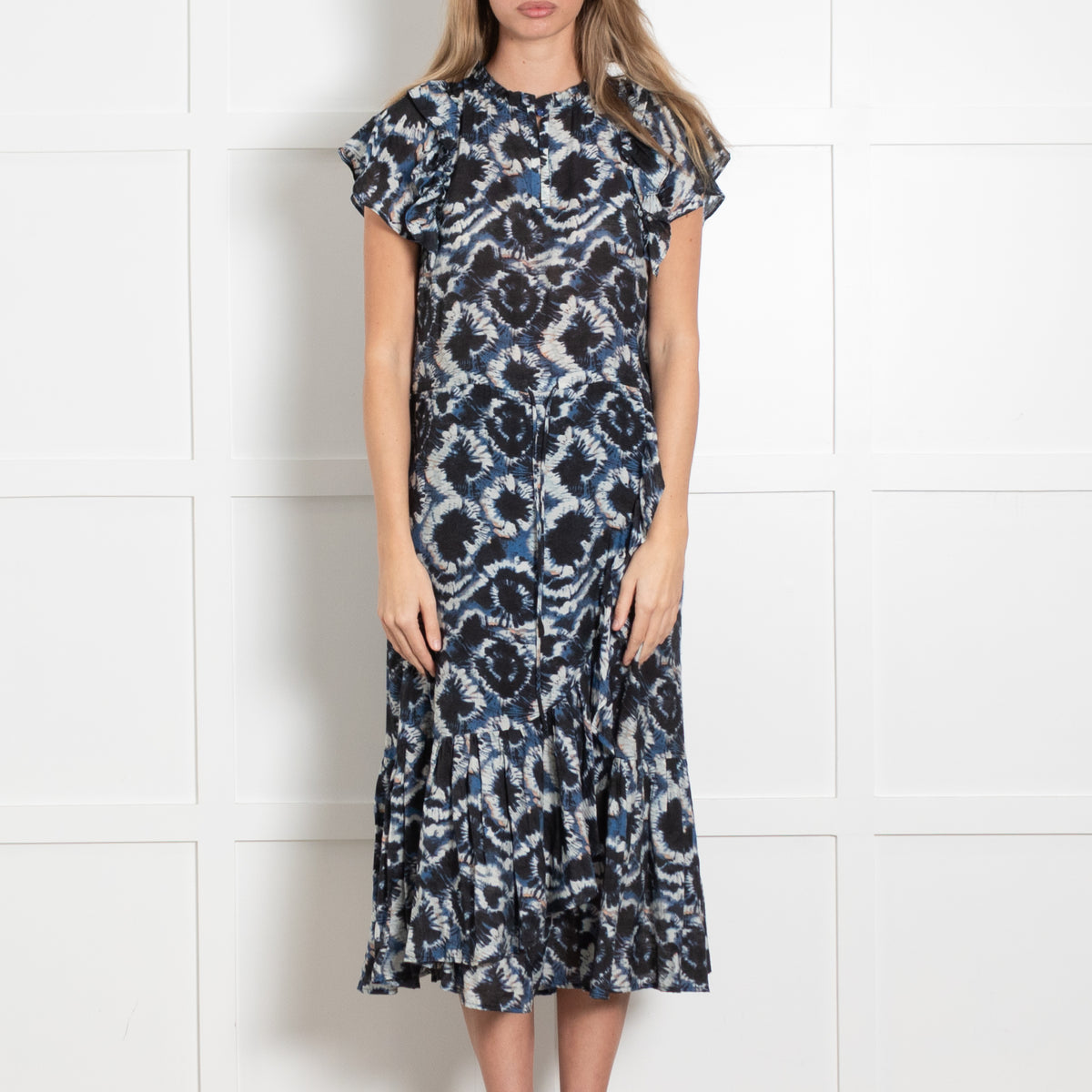 Munthe Black, Blue & White Patterned Cotton Dress With Front Frill & Hem
