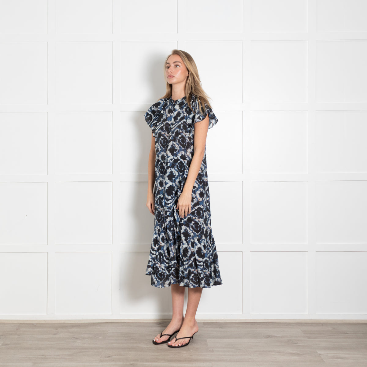 Munthe Black, Blue & White Patterned Cotton Dress With Front Frill & Hem