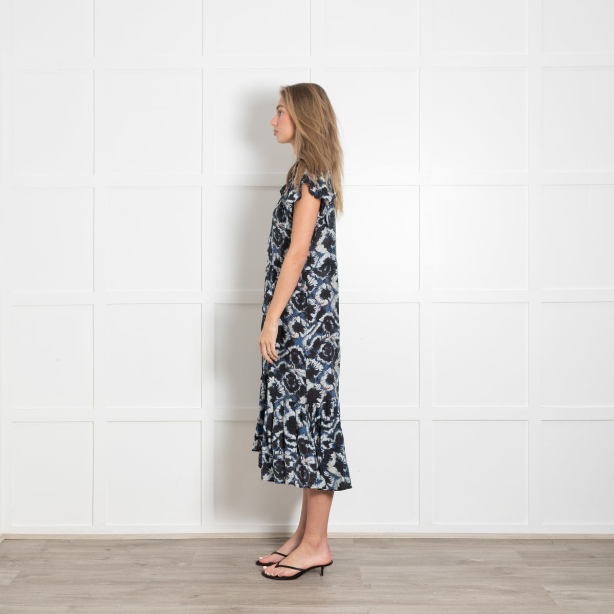 Munthe Black, Blue & White Patterned Cotton Dress With Front Frill & Hem