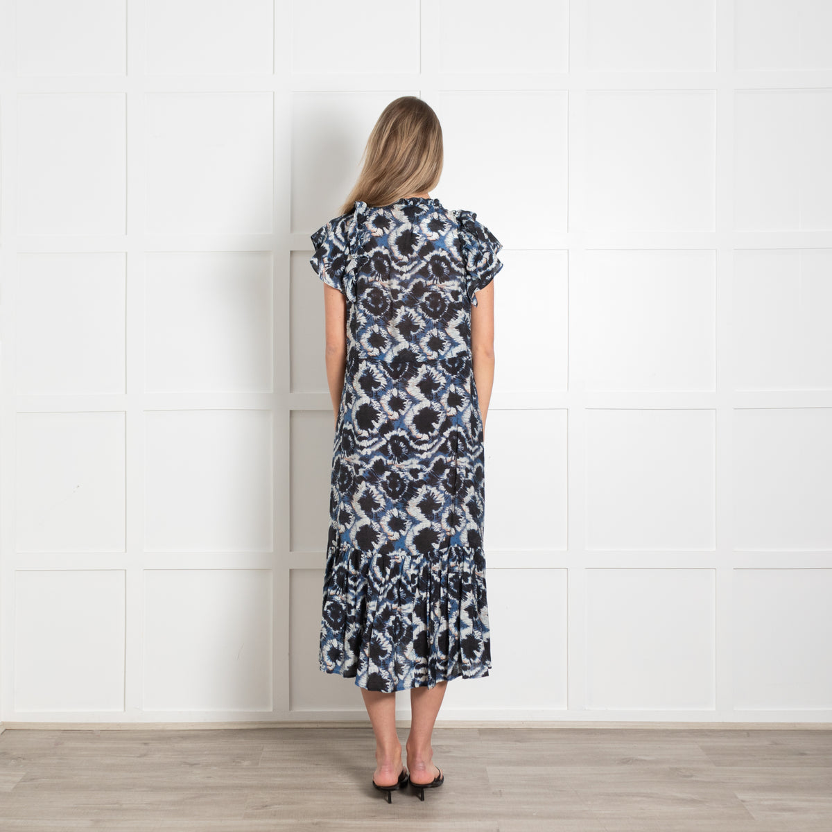 Munthe Black, Blue & White Patterned Cotton Dress With Front Frill & Hem