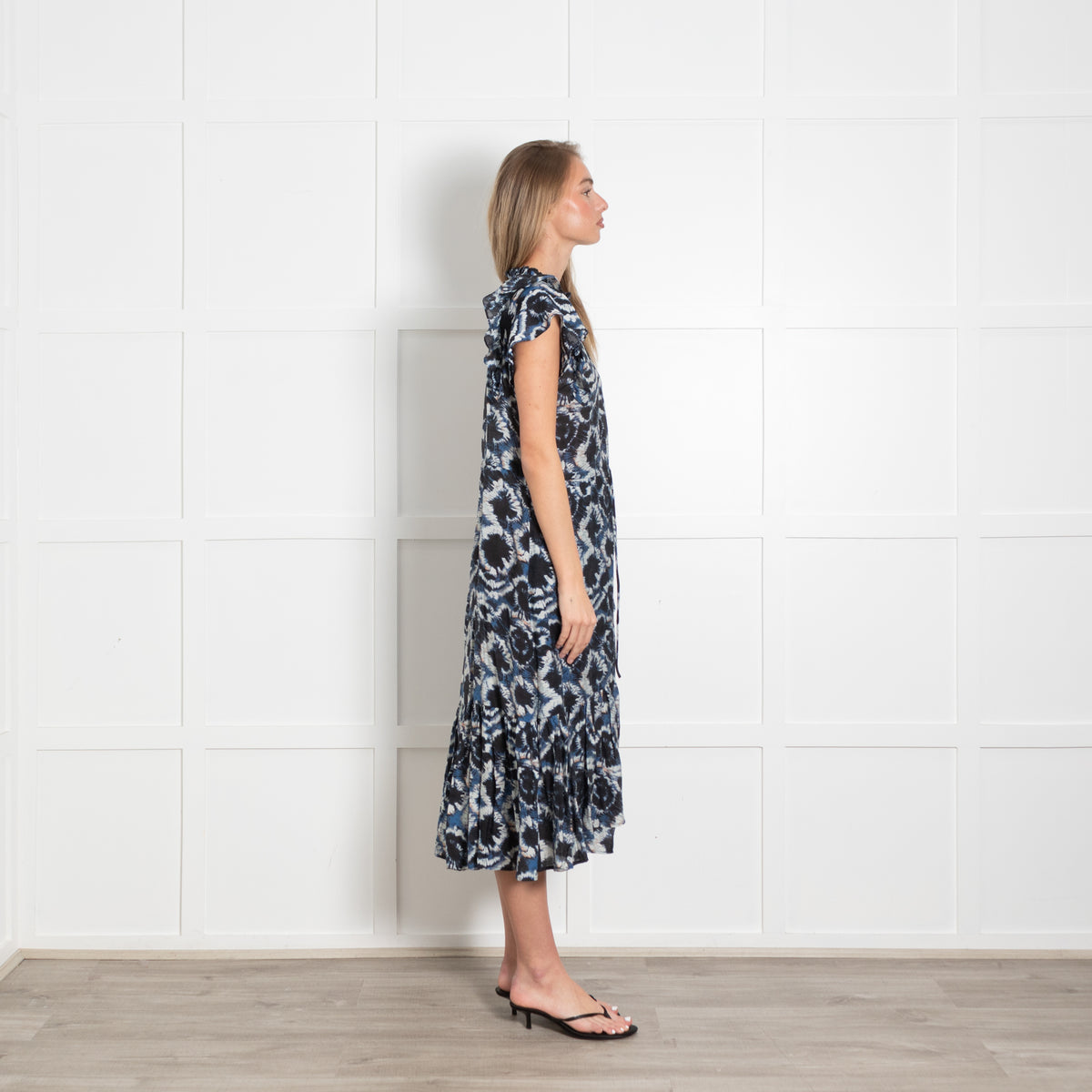 Munthe Black, Blue & White Patterned Cotton Dress With Front Frill & Hem