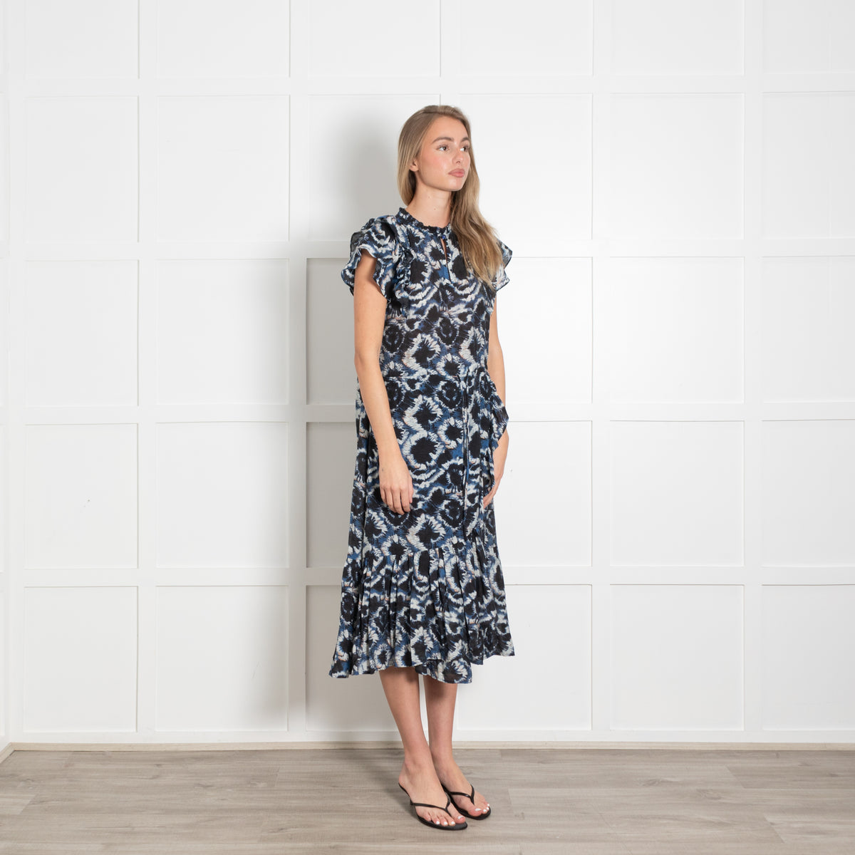 Munthe Black, Blue & White Patterned Cotton Dress With Front Frill & Hem
