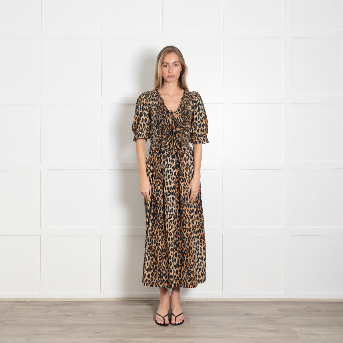 Damson Madder Leopard Smocked Tie Front Midi Dress