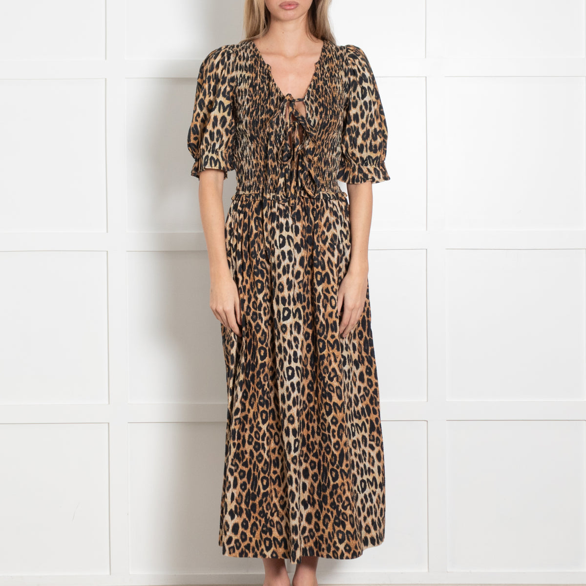 Damson Madder Leopard Smocked Tie Front Midi Dress
