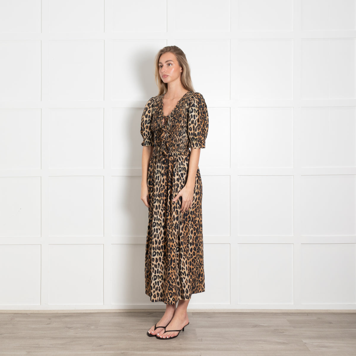 Damson Madder Leopard Smocked Tie Front Midi Dress
