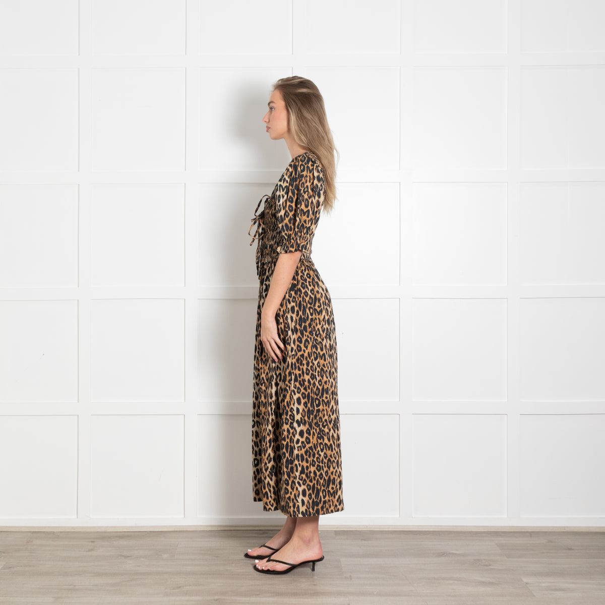 Damson Madder Leopard Smocked Tie Front Midi Dress