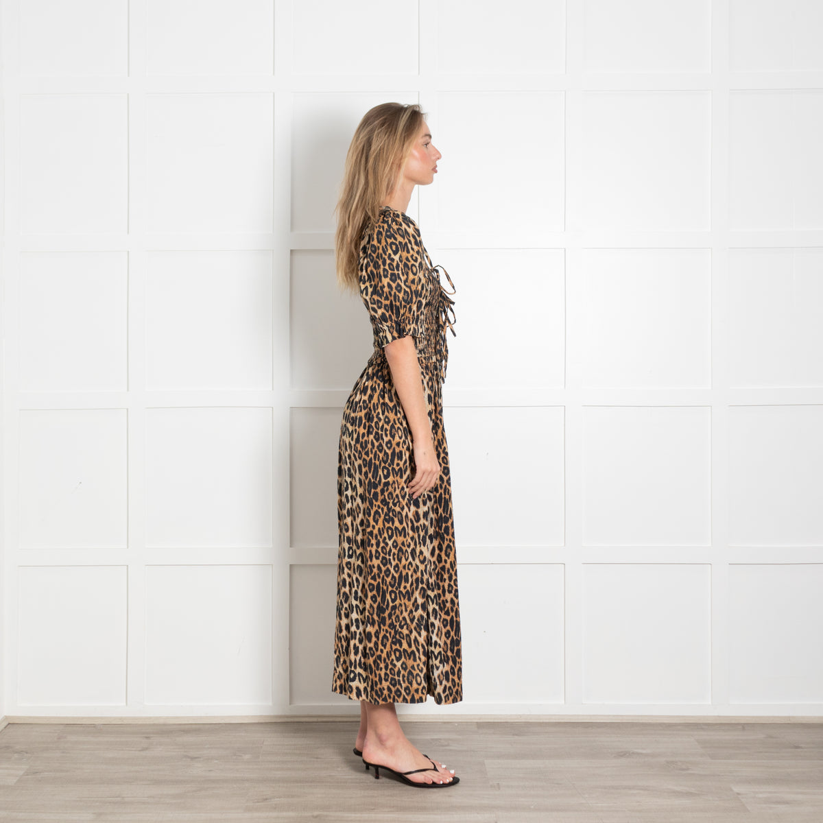 Damson Madder Leopard Smocked Tie Front Midi Dress