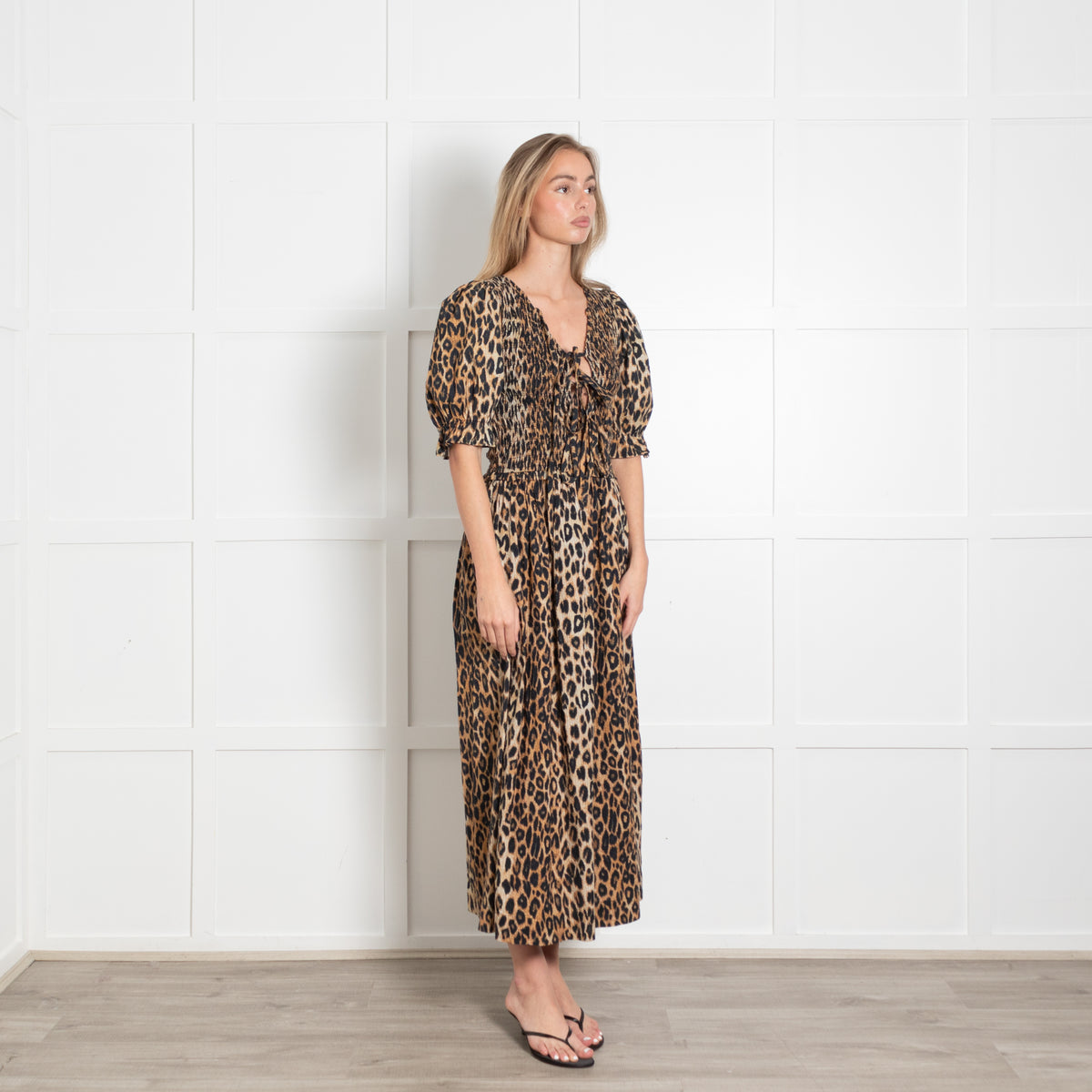 Damson Madder Leopard Smocked Tie Front Midi Dress