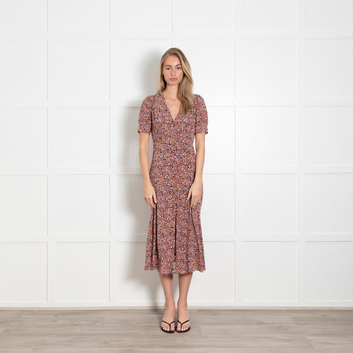 The Kooples Orange Pink and Black Floral Midi Dress