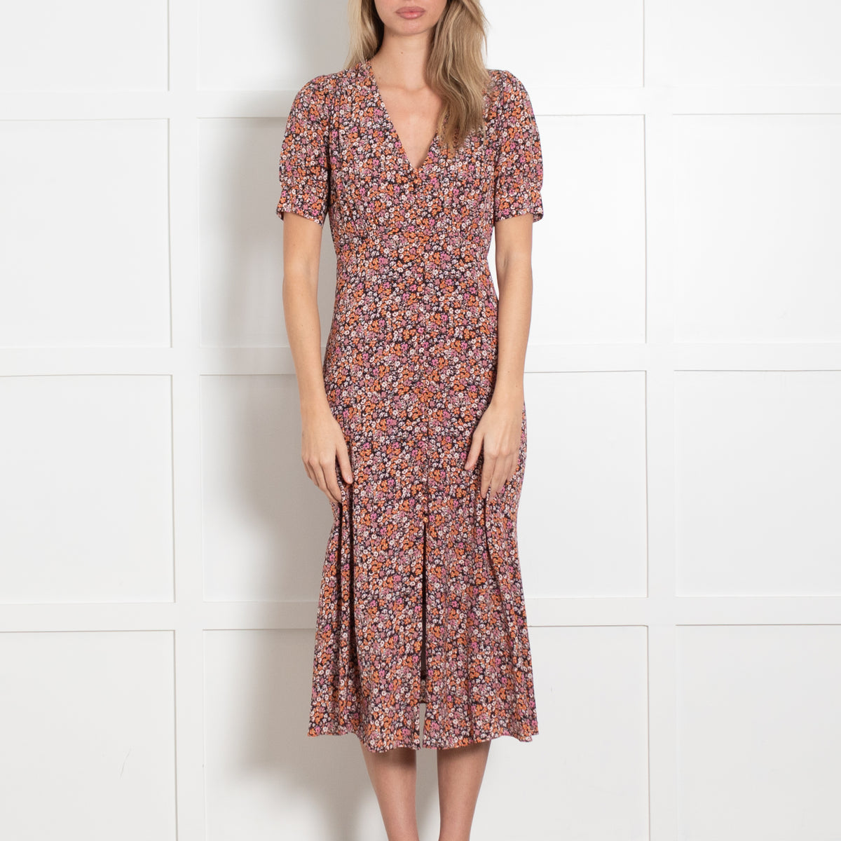 The Kooples Orange Pink and Black Floral Midi Dress