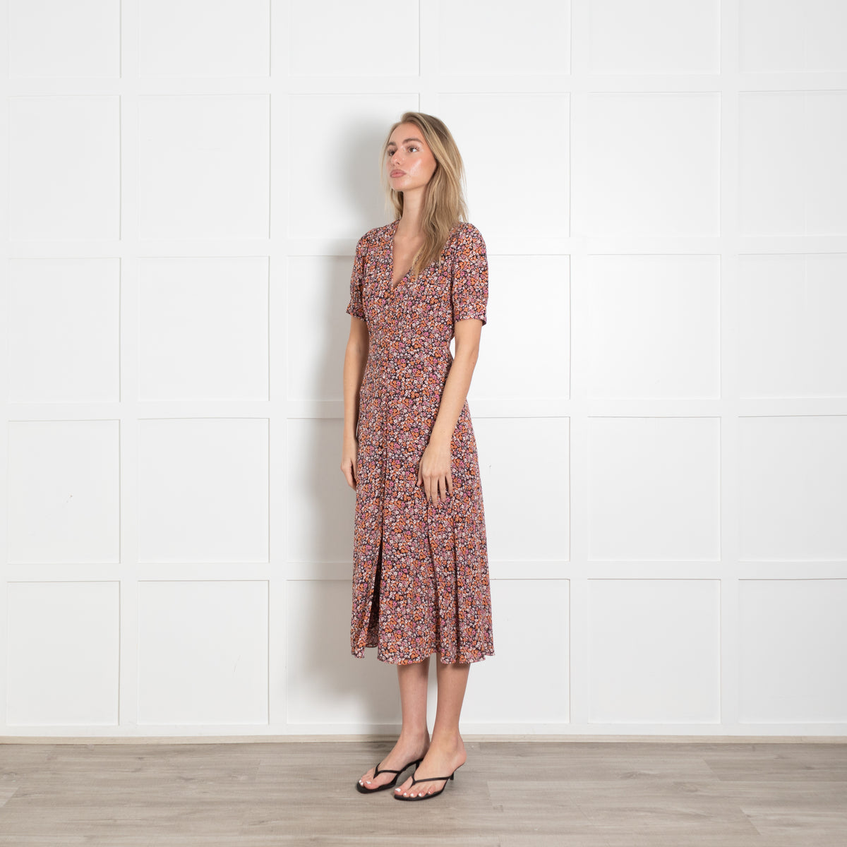 The Kooples Orange Pink and Black Floral Midi Dress