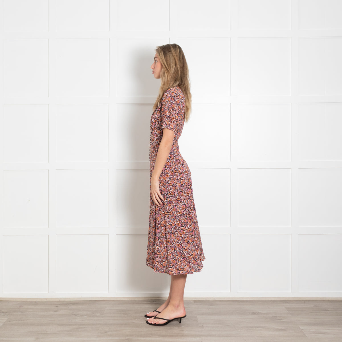 The Kooples Orange Pink and Black Floral Midi Dress