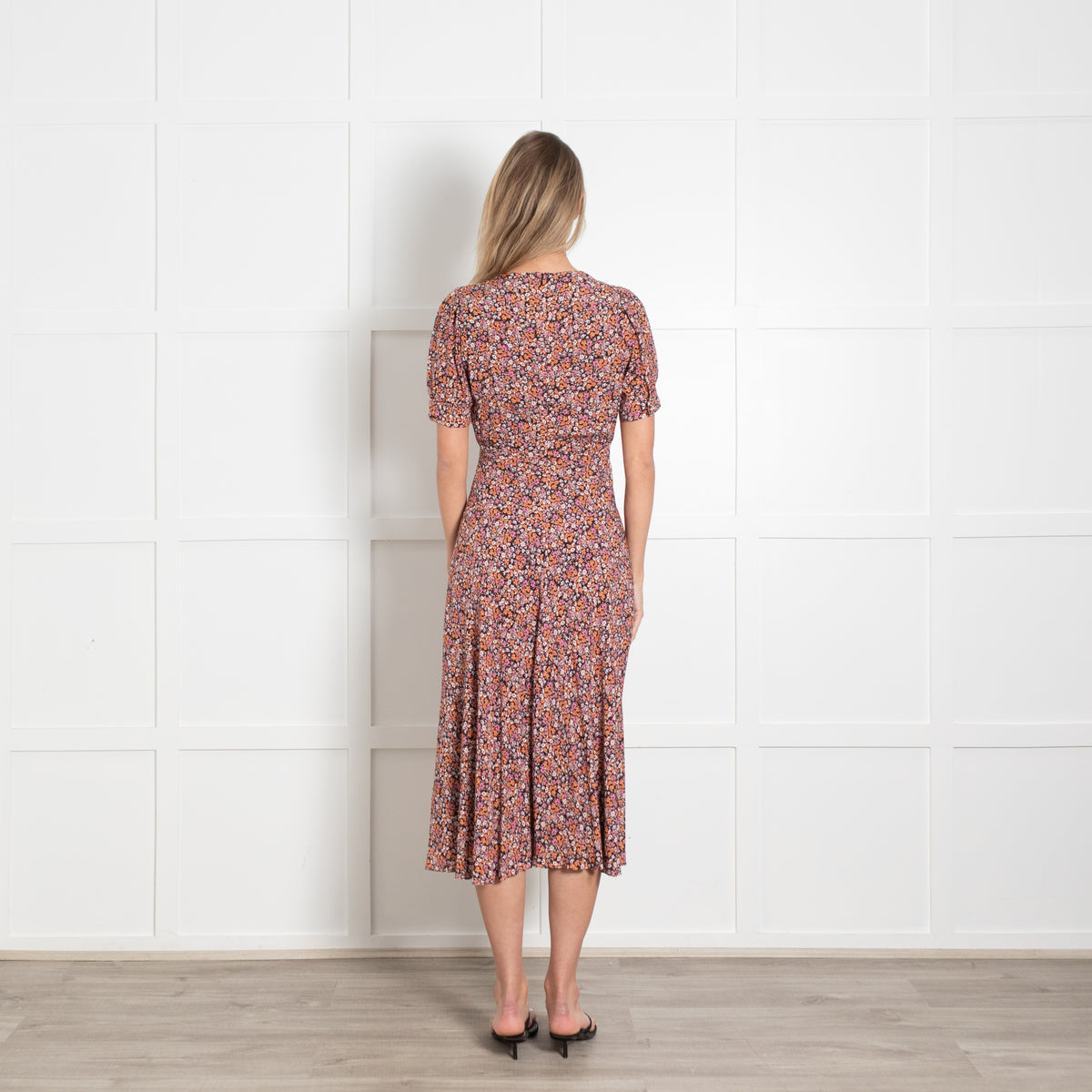 The Kooples Orange Pink and Black Floral Midi Dress