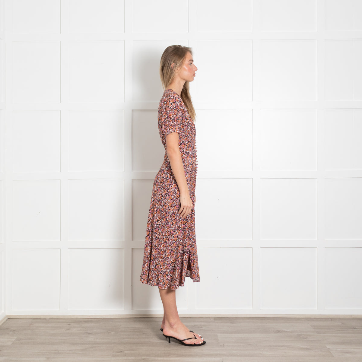 The Kooples Orange Pink and Black Floral Midi Dress