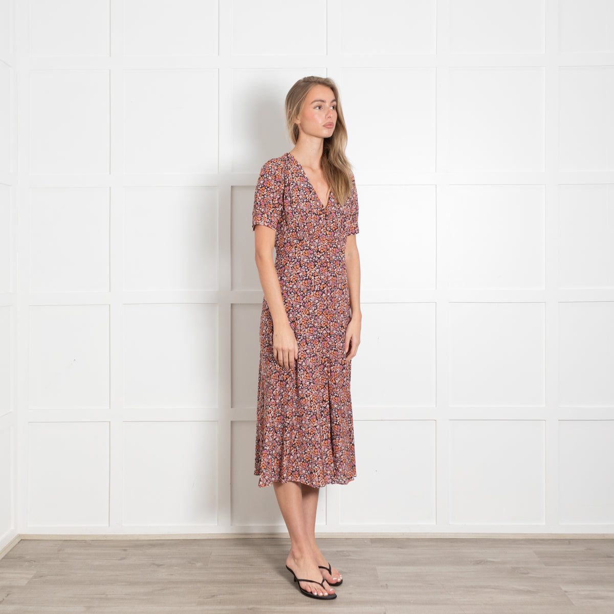 The Kooples Orange Pink and Black Floral Midi Dress