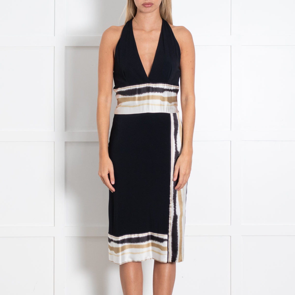 Class Roberto Cavalli Black Halter Dress With Cream Satin Stripe