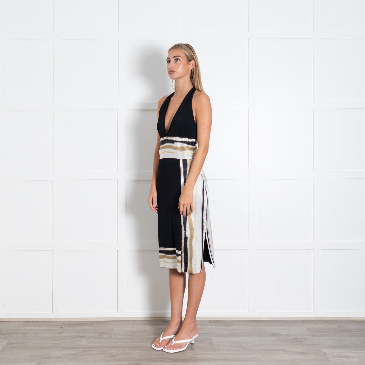 Class Roberto Cavalli Black Halter Dress With Cream Satin Stripe