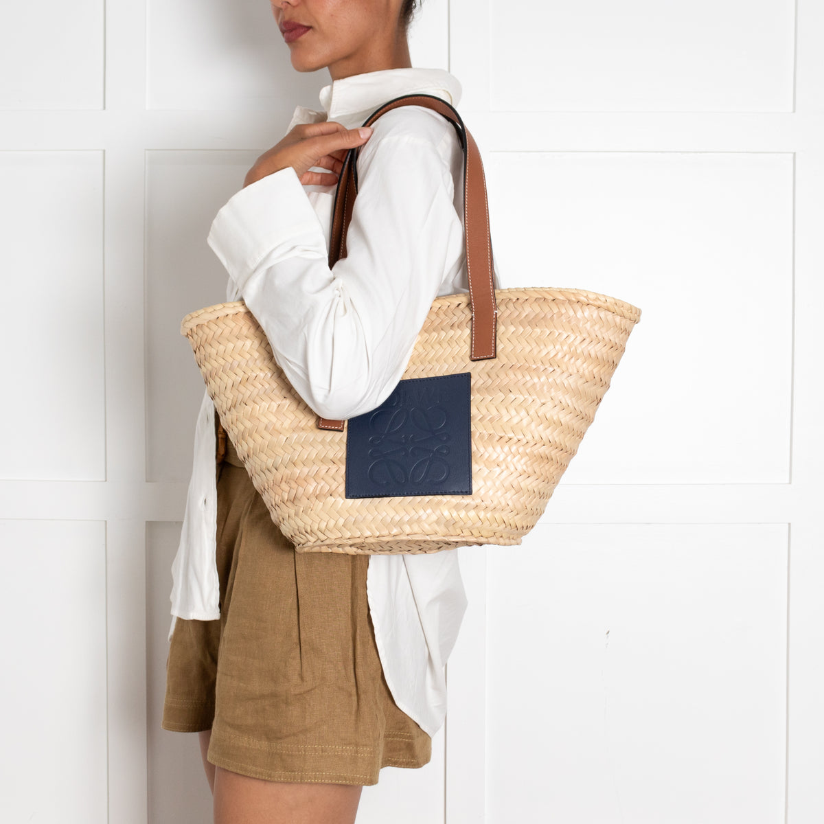 Loewe Tan Raffia Basket Bag With Navy Anagram Logo