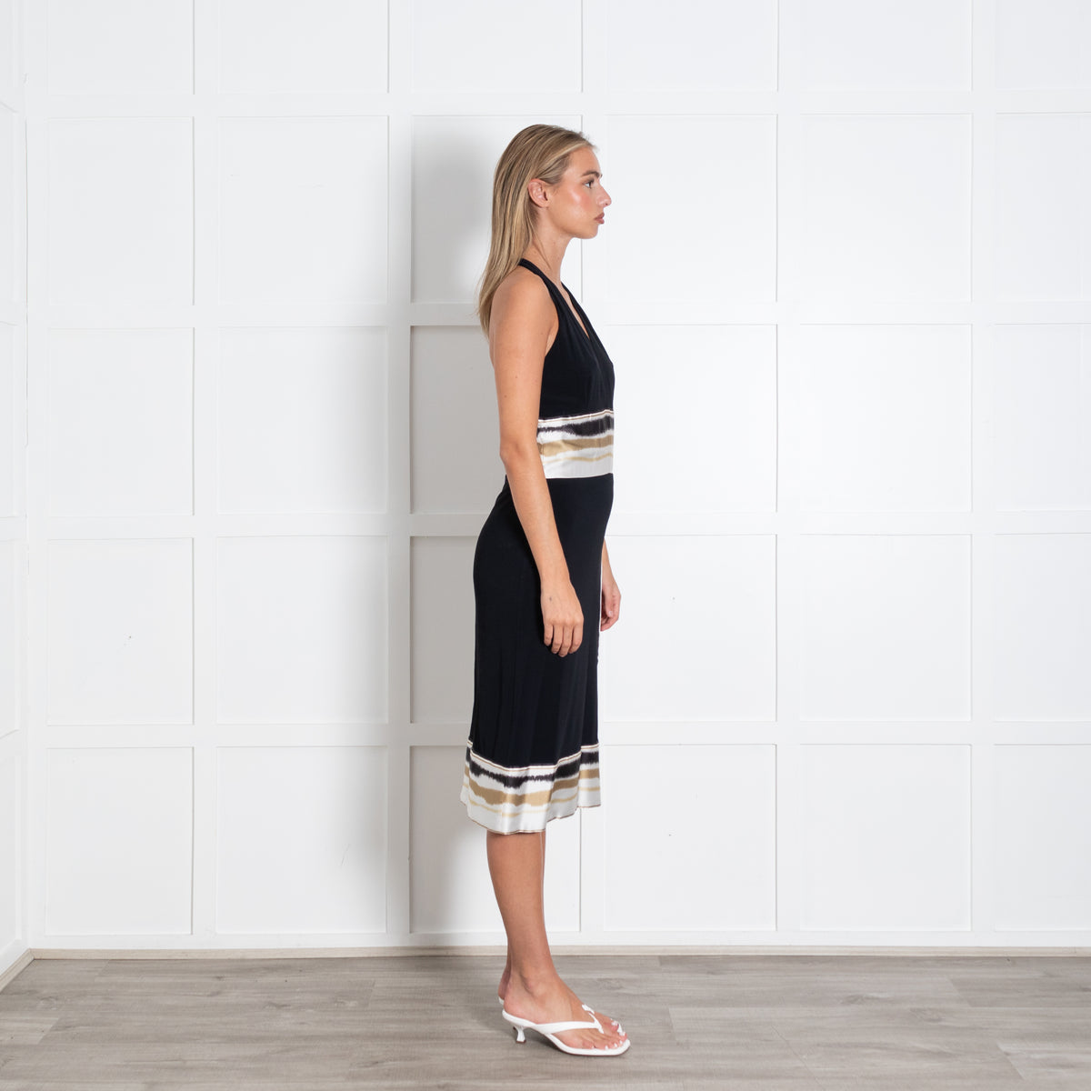 Class Roberto Cavalli Black Halter Dress With Cream Satin Stripe
