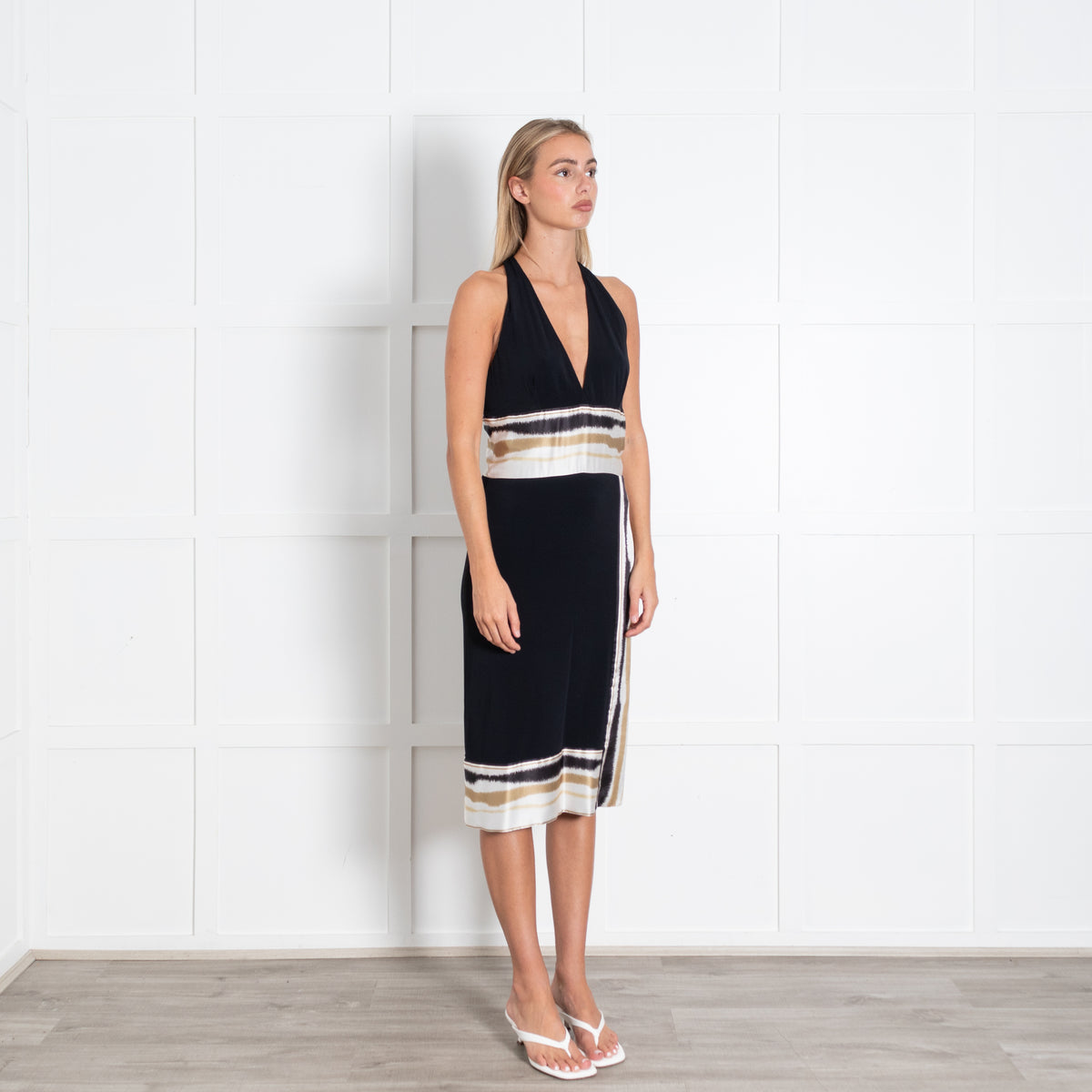 Class Roberto Cavalli Black Halter Dress With Cream Satin Stripe