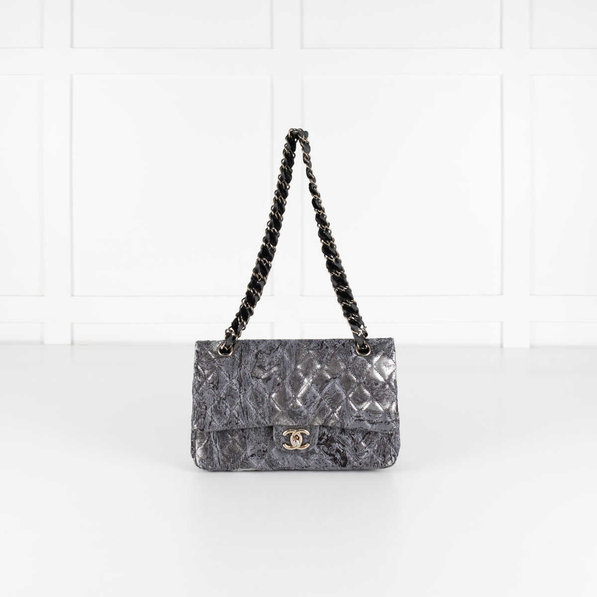 Chanel Dark Grey Metallic Double Flap Medium Size Shoulder Bag