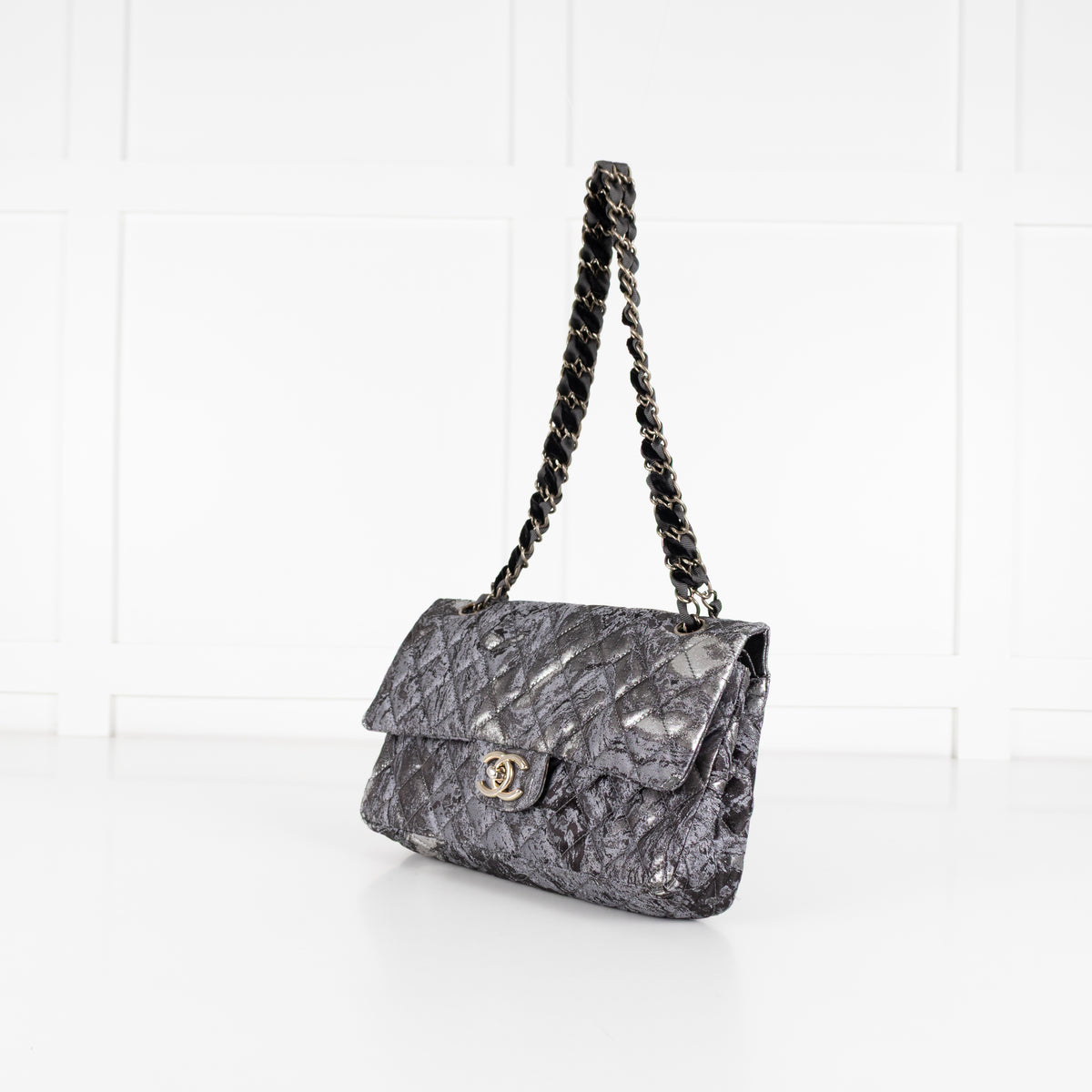 Chanel Dark Grey Metallic Double Flap Medium Size Shoulder Bag