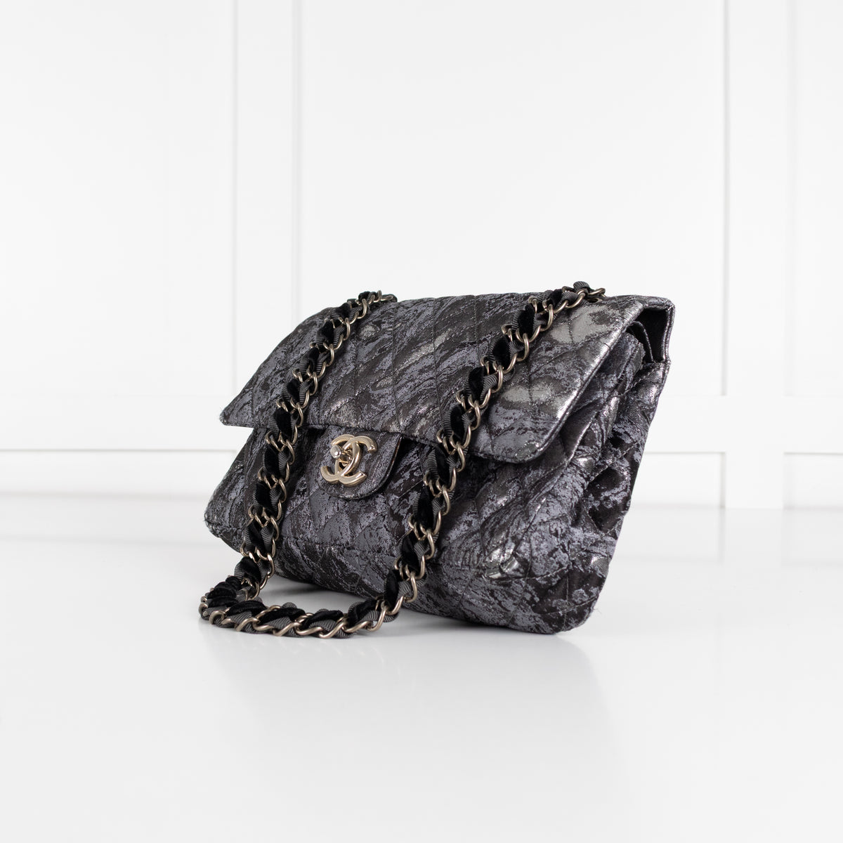 Chanel Dark Grey Metallic Double Flap Medium Size Shoulder Bag