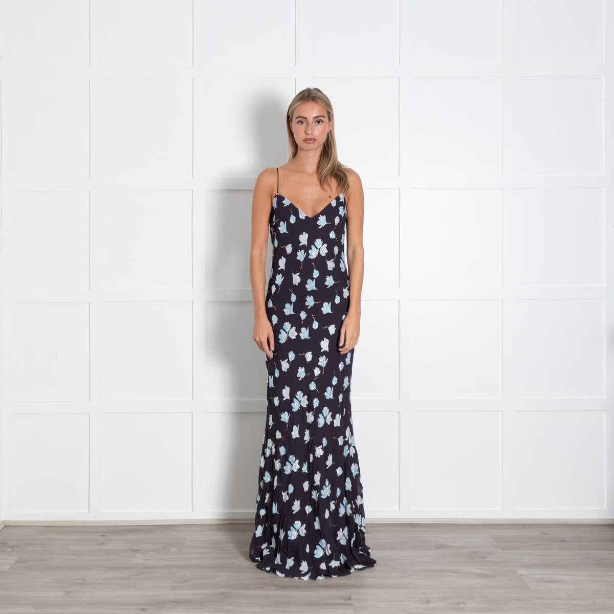 Self Portrait Navy Floral Rhinestone Maxi Dress
