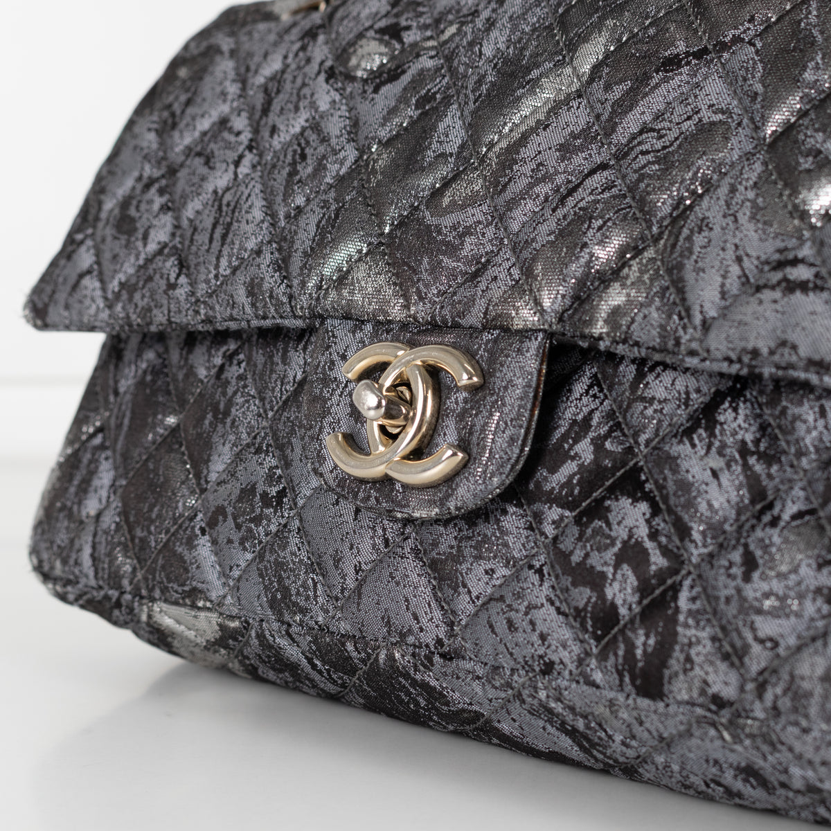 Chanel Dark Grey Metallic Double Flap Medium Size Shoulder Bag