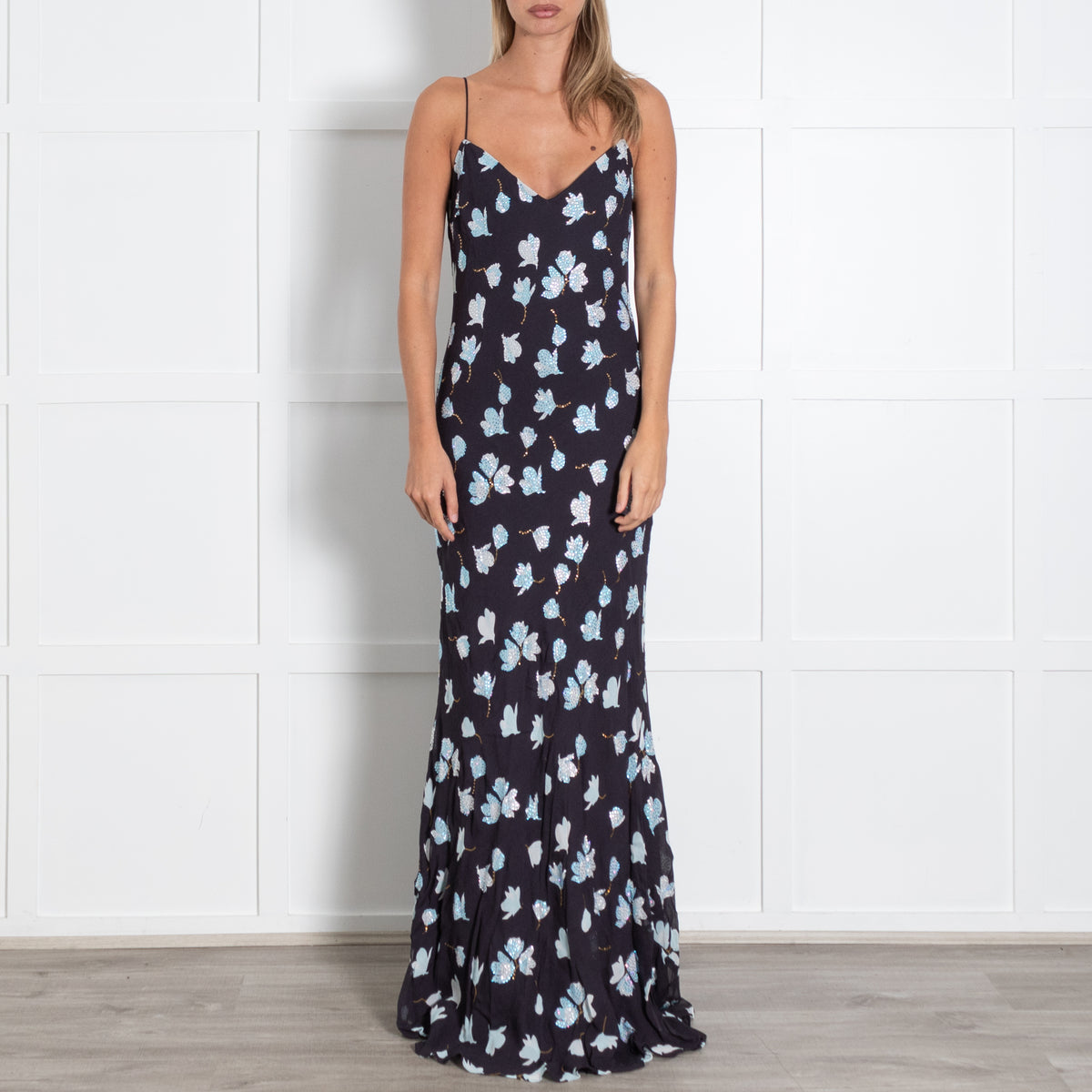 Self Portrait Navy Floral Rhinestone Maxi Dress