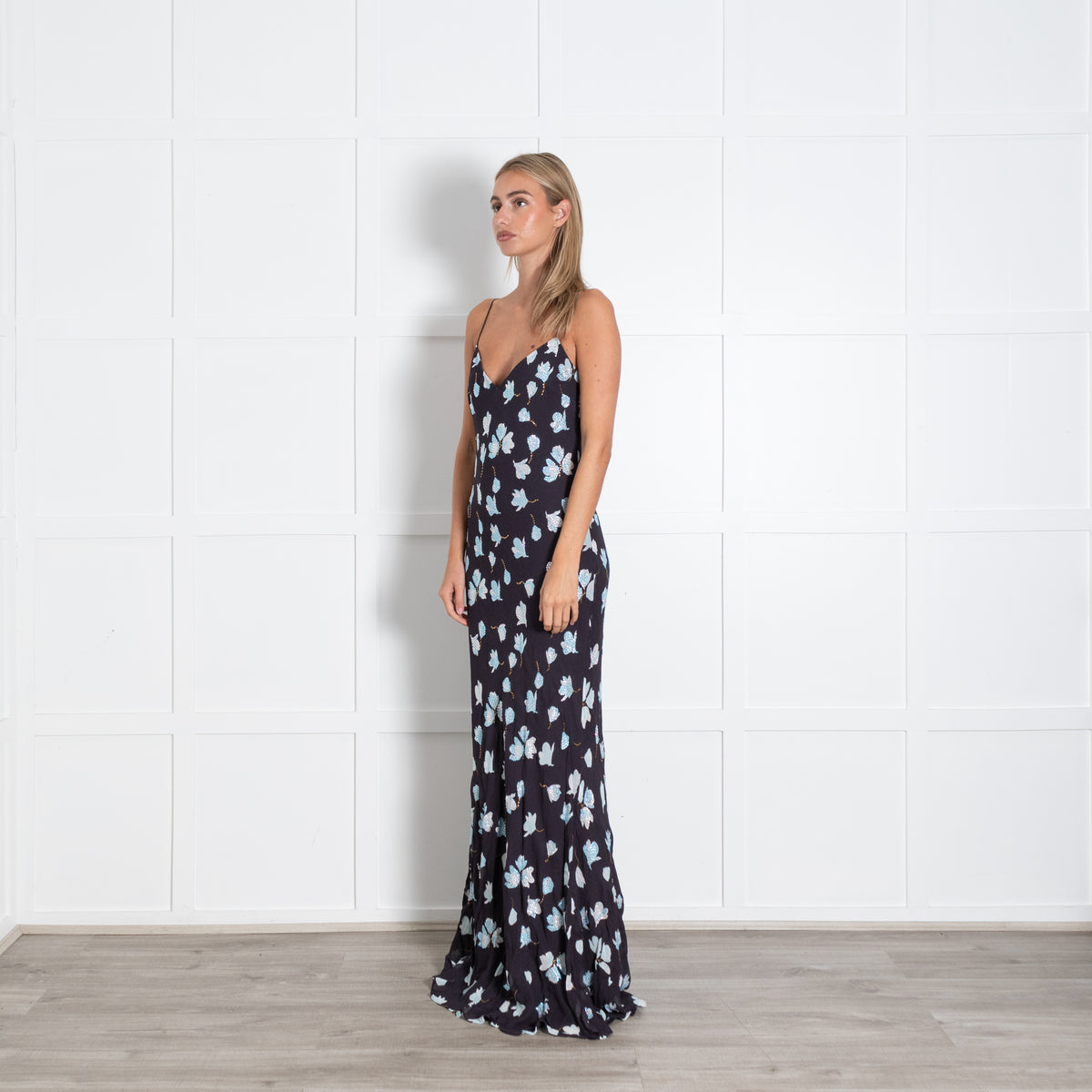 Self Portrait Navy Floral Rhinestone Maxi Dress