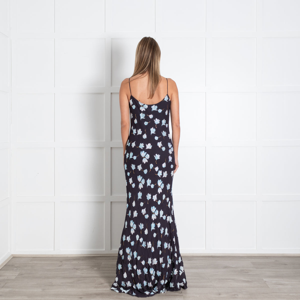 Self Portrait Navy Floral Rhinestone Maxi Dress