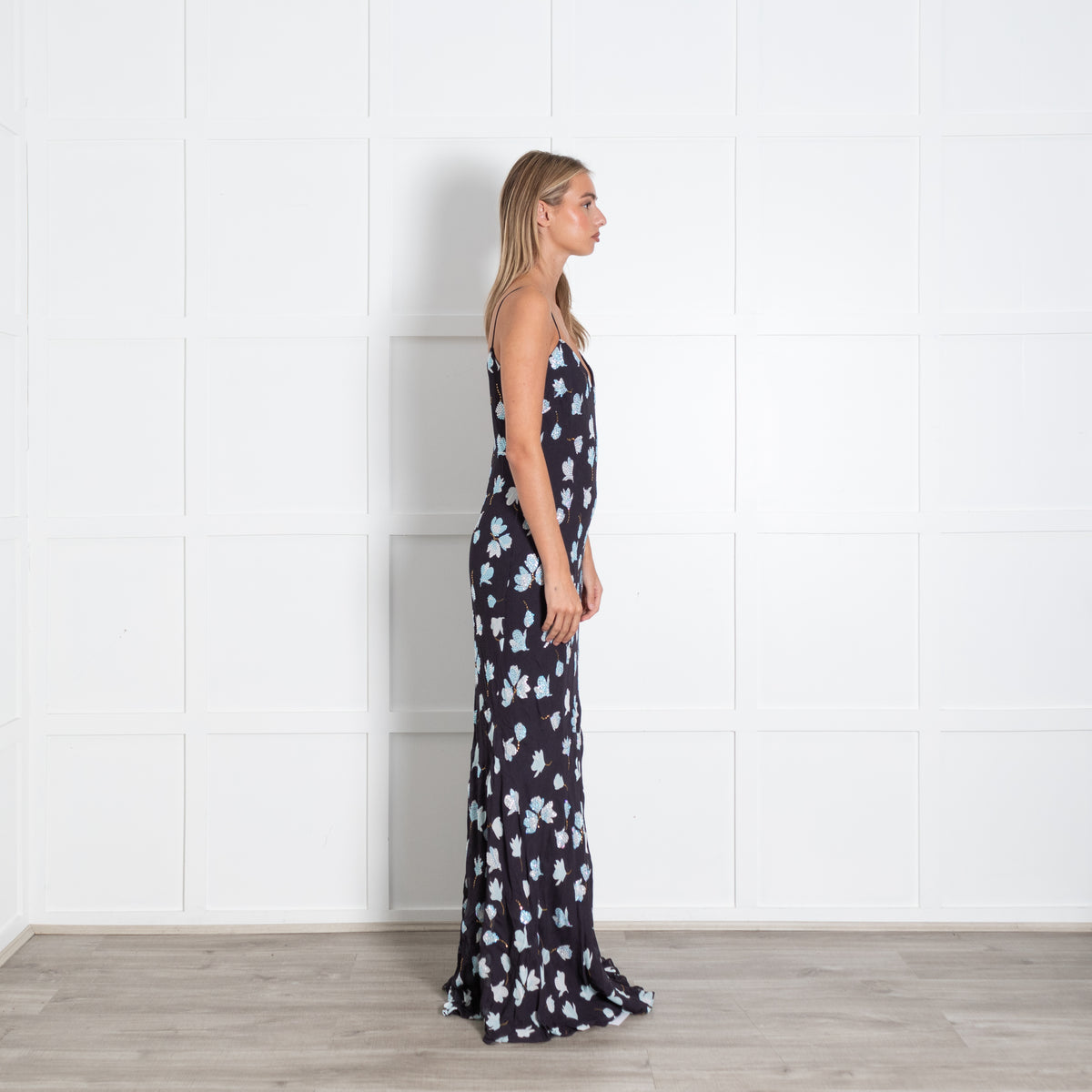 Self Portrait Navy Floral Rhinestone Maxi Dress