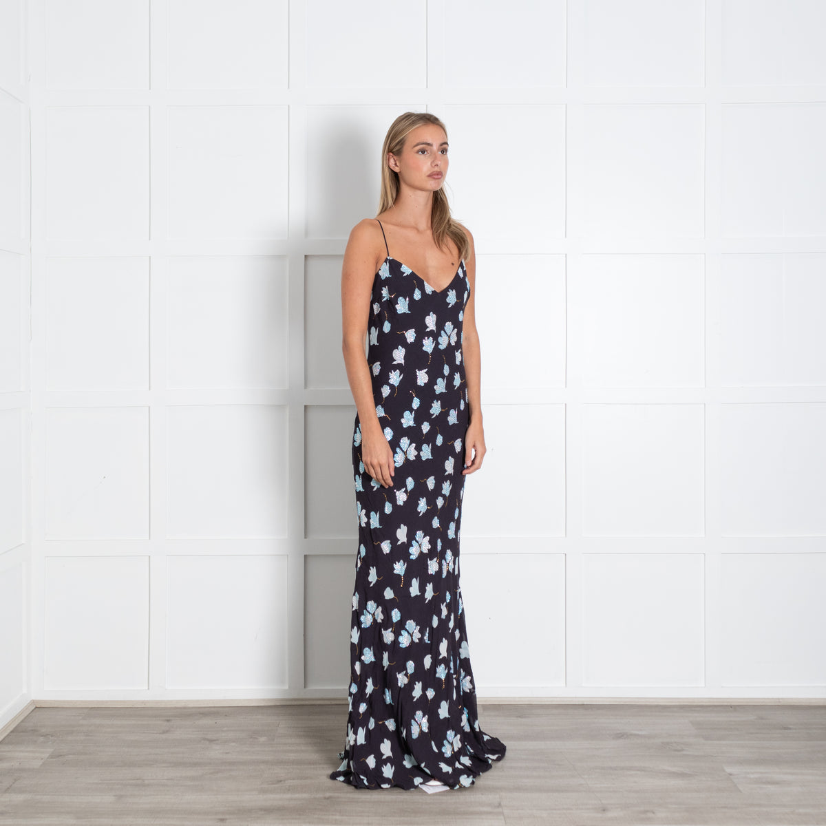 Self Portrait Navy Floral Rhinestone Maxi Dress