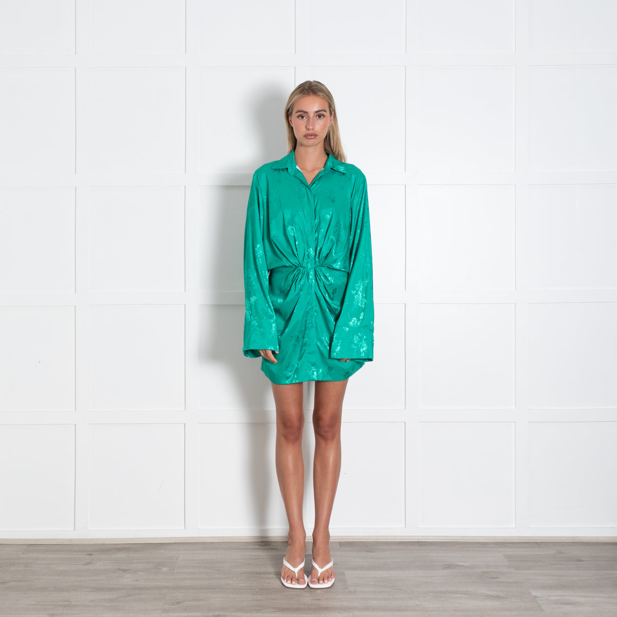 Aggi Selected Green Silky Loose Floral Long Sleeve Dress