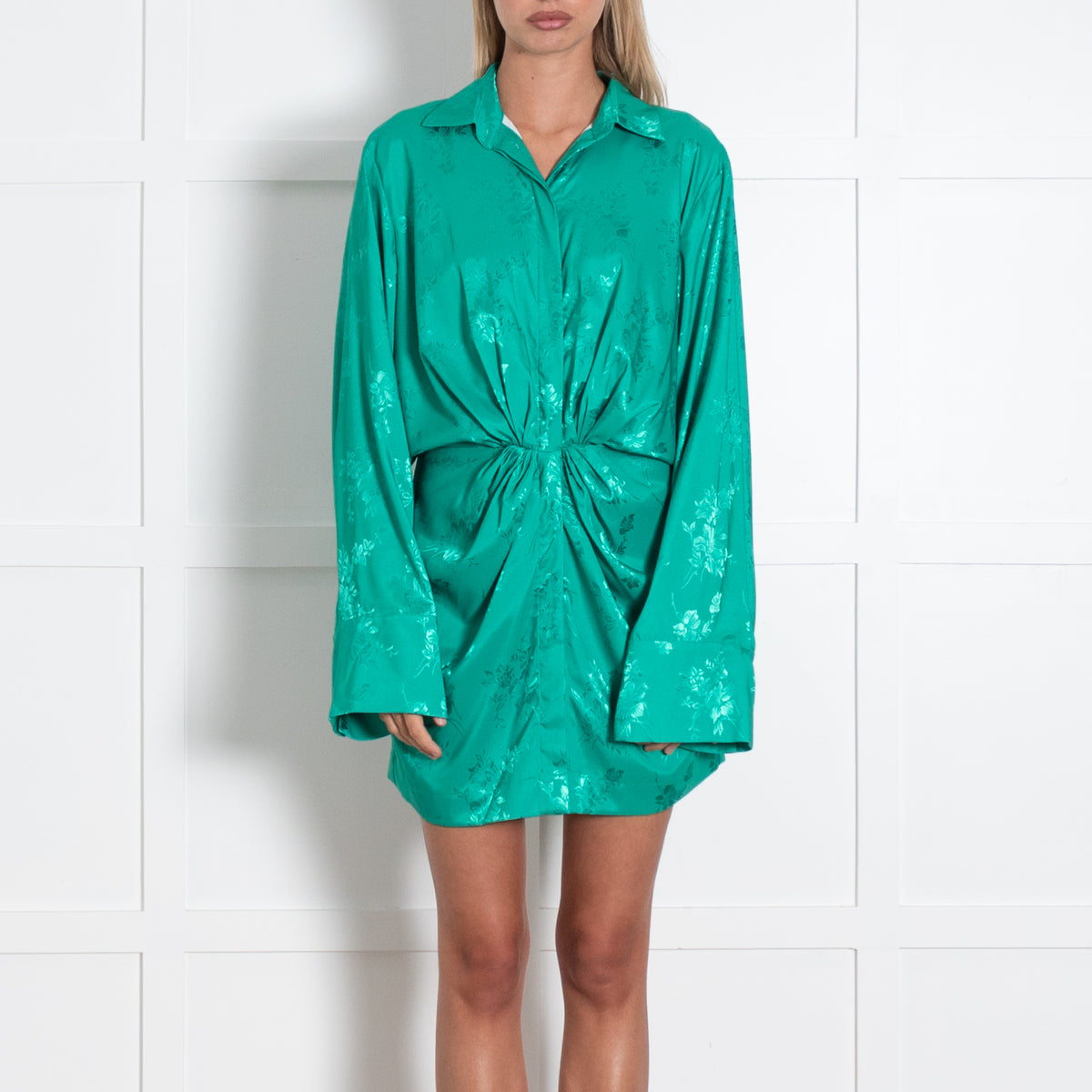 Aggi Selected Green Silky Loose Floral Long Sleeve Dress