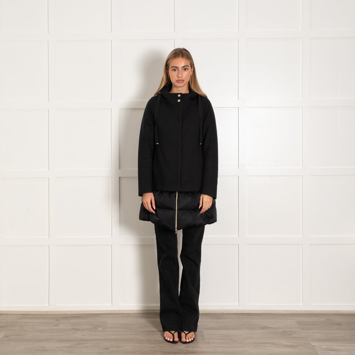 Herno Black Quilted Panel Short Hooded Coat