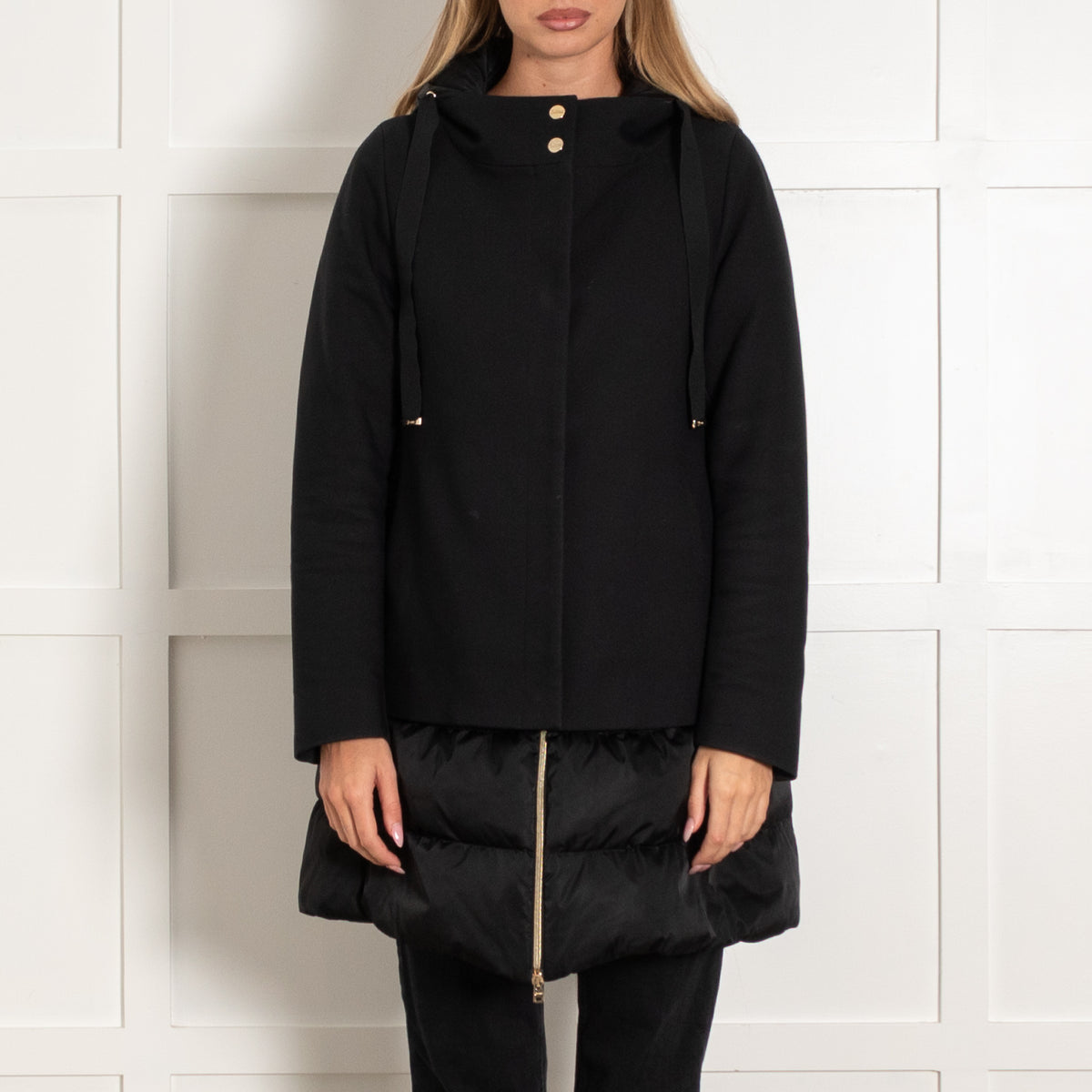 Herno Black Quilted Panel Short Hooded Coat