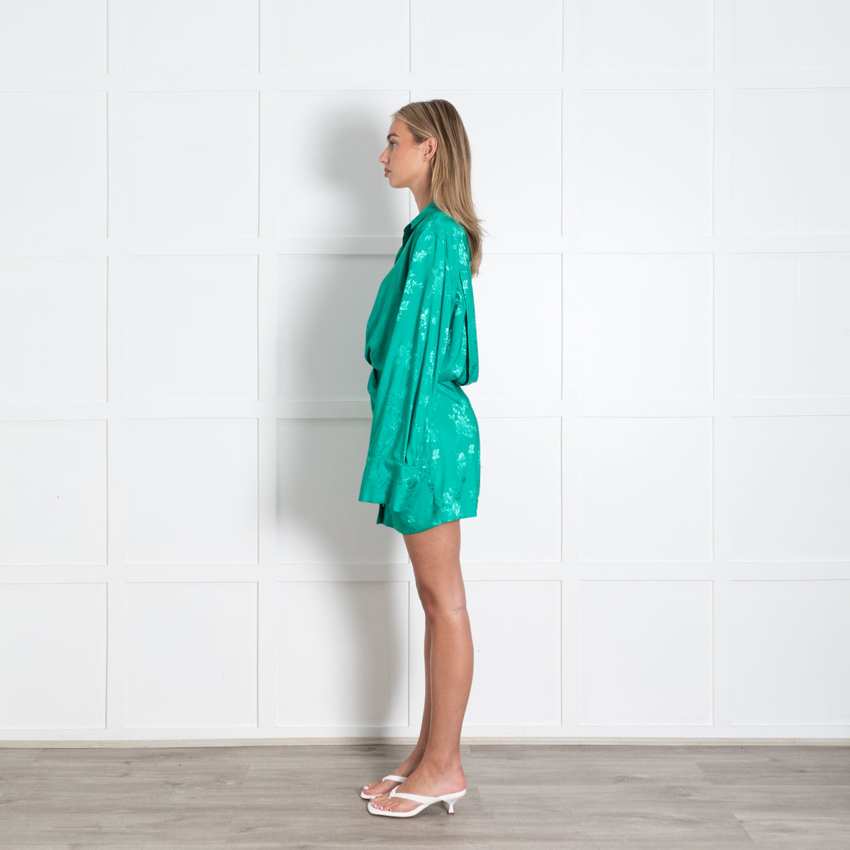 Aggi Selected Green Silky Loose Floral Long Sleeve Dress