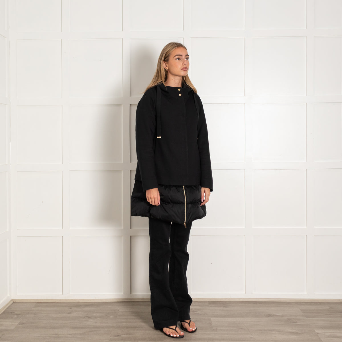 Herno Black Quilted Panel Short Hooded Coat