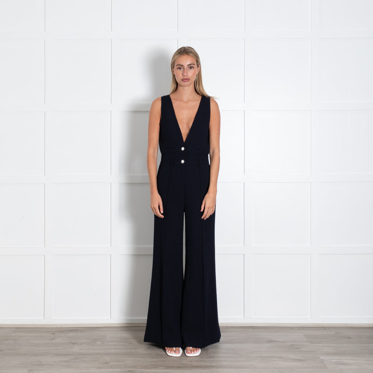 Me + Em Blue Sleeveless Textured White Pearl Wide Leg Jumpsuit